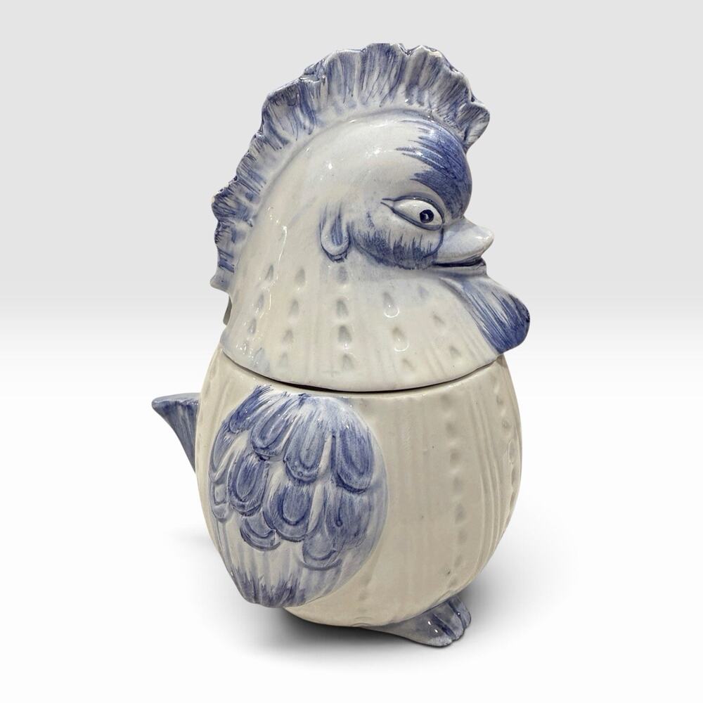 Artistiche Ancora Italy Blue White Ceramic Chicken Condiment Jar 1960s Vintage*